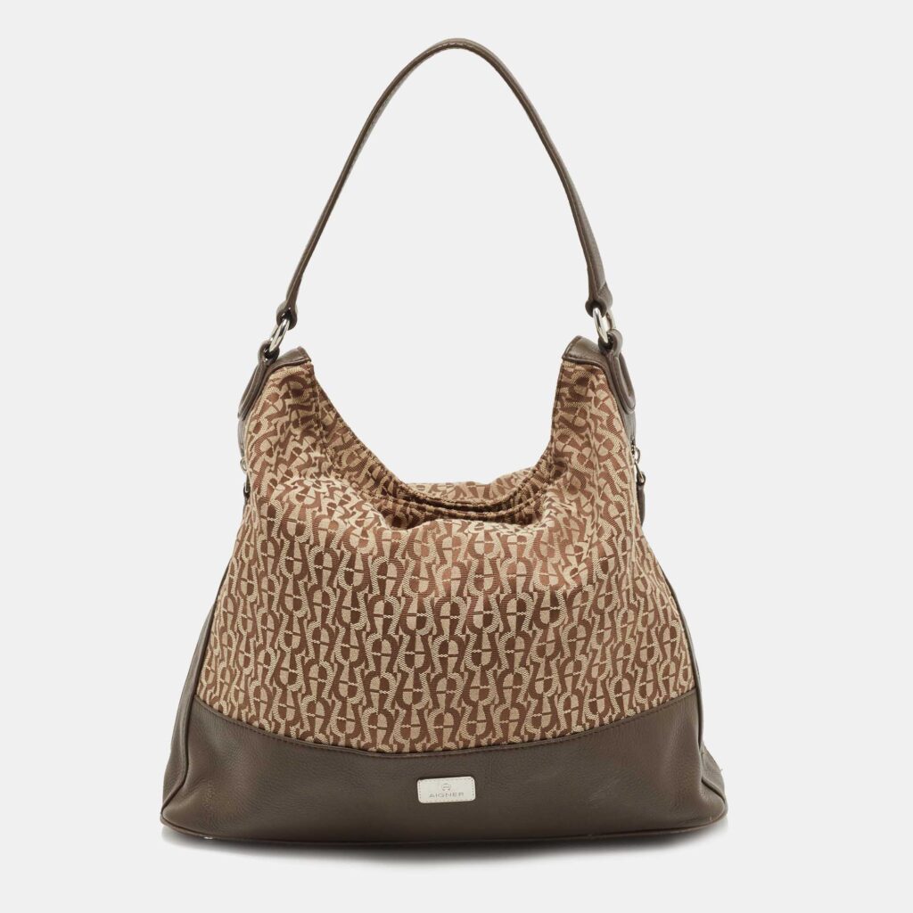 luxury-women-aigner-used-handbags-p800946-002 Aigner Beige/Brown Monogram Canvas and Leather Side Zip Hobo