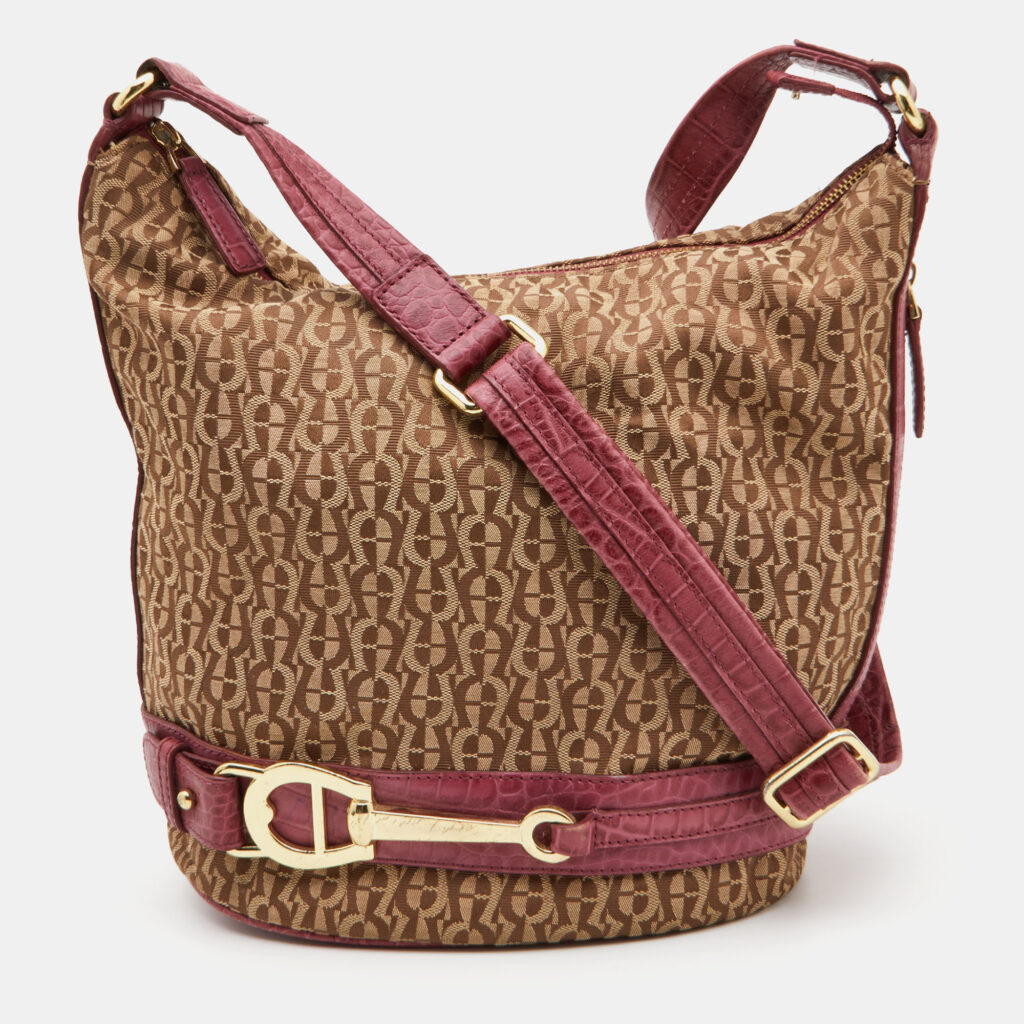luxury-women-aigner-used-handbags-p803729-014 Aigner Beige/Pink Signature Canvas and Croc Embossed Leather Hobo