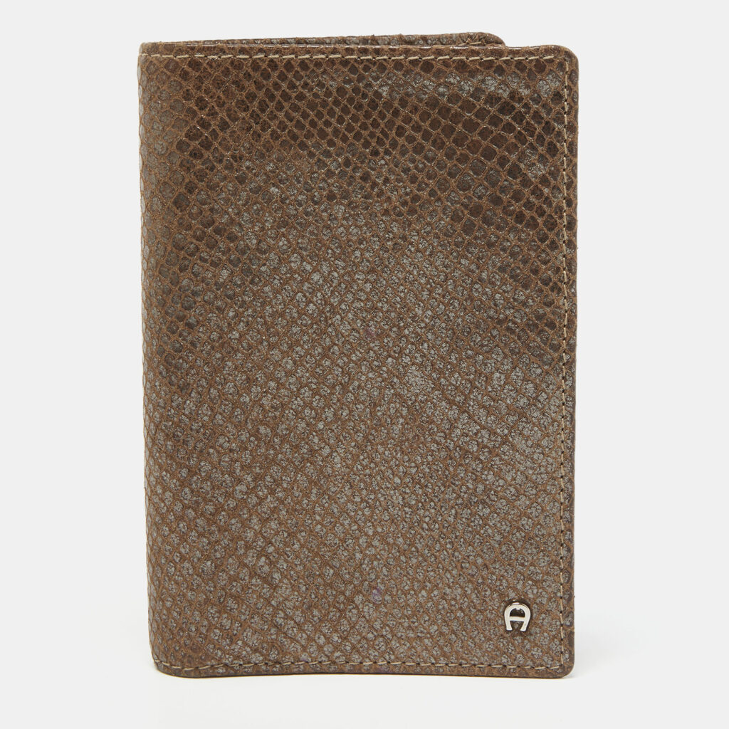 luxury-women-aigner-used-handbags-p809723-012 Aigner Brown Shimmer Snakeskin Embossed Leather Bifold Wallet
