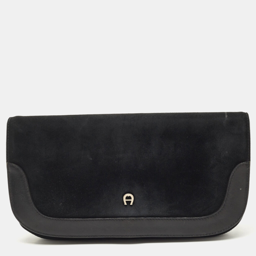 luxury-women-aigner-used-handbags-p822249-001 Aigner Black Suede And Leather Logo Flap Clutch