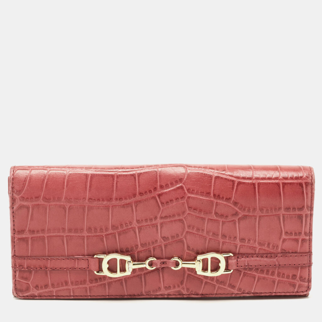 luxury-women-aigner-used-handbags-p844698-011 Aigner Pink Croc Embossed Leather Continental Wallet