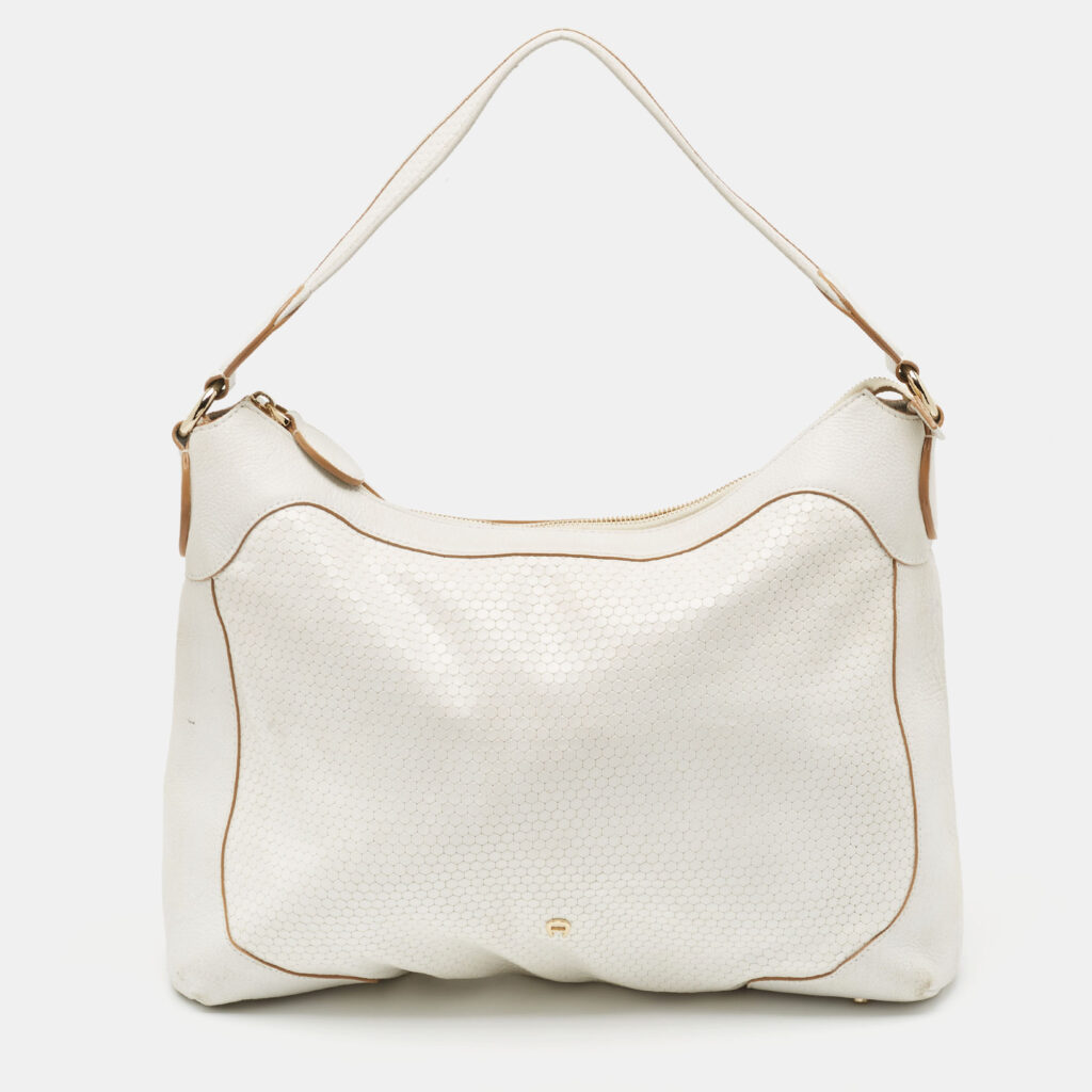 luxury-women-aigner-used-handbags-p908442-015 Aigner White Embossed Leather Zip Hobo