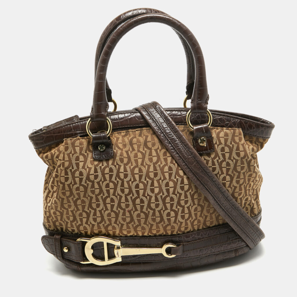 luxury-women-aigner-used-handbags-p918916-012 Aigner Dark Brown/Beige Signature Canvas and Croc Embossed Leather Buckle Logo Satchel