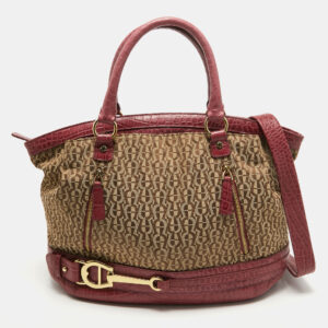 Aigner Brown/Pinnk Signature Canvas and Croc Embossed Leather Buckle Logo Satchel