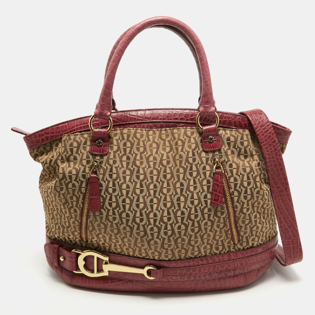 luxury-women-aigner-used-handbags-p923922-018 Aigner Brown/Pinnk Signature Canvas and Croc Embossed Leather Buckle Logo Satchel