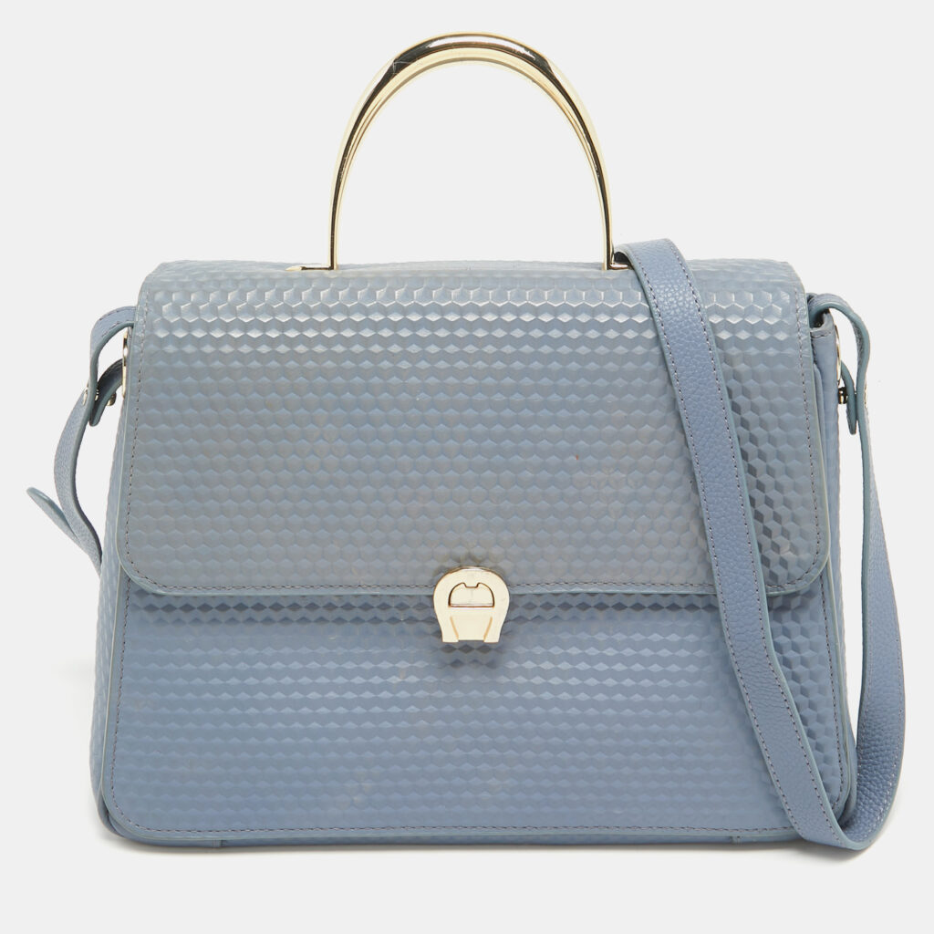 luxury-women-aigner-used-handbags-p944092-012 Aigner Blue Embossed Leather Genoveva M Top Handle Bag