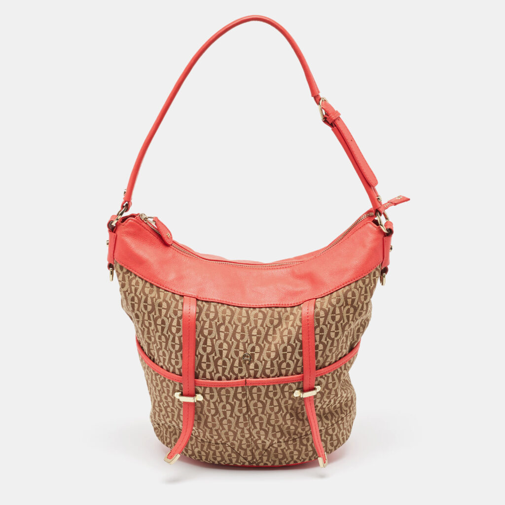 luxury-women-aigner-used-handbags-p954488-016 Aigner Coral/Brown Monogram Canvas and Leather Bucket Bag