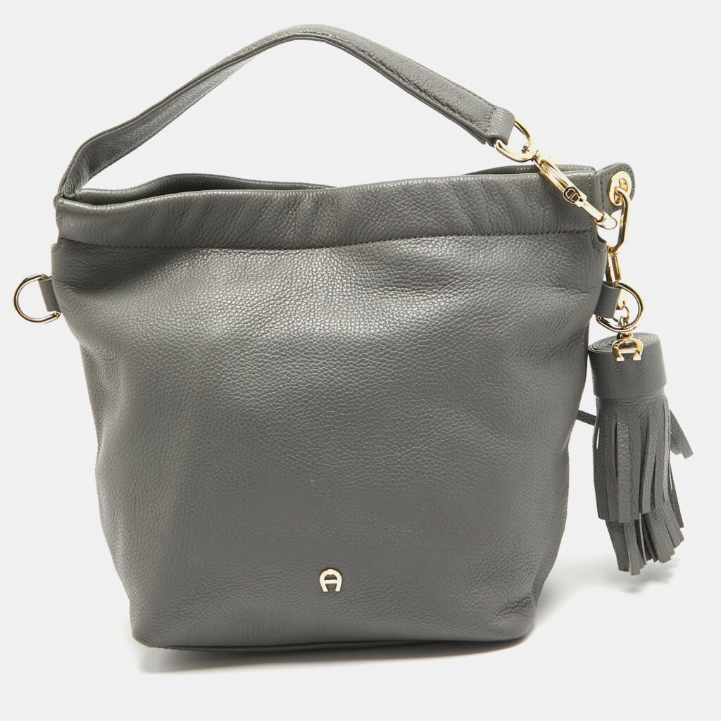 luxury-women-aigner-used-handbags-p962623-013 Aigner Grey Leather Tassel Charm Hobo