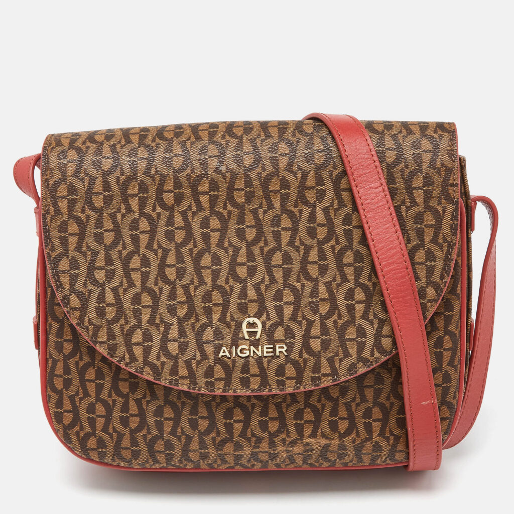 luxury-women-aigner-used-handbags-p966464-002 Aigner Brown/Red Signature Coated Canvas and Leather Crossbody Bag