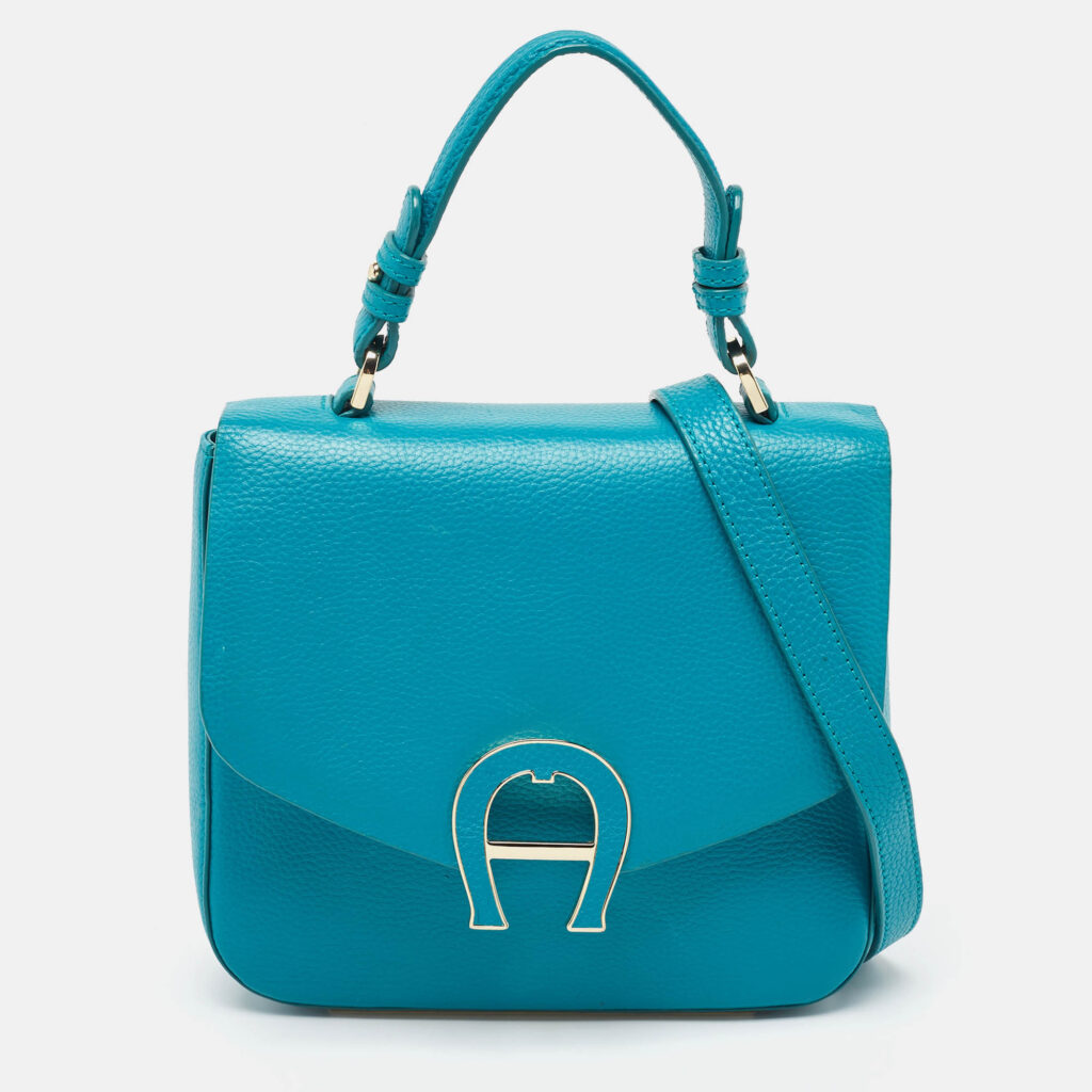 luxury-women-aigner-used-handbags-p971741-018 Aigner Green Leather Logo Flap Top Handle Bag