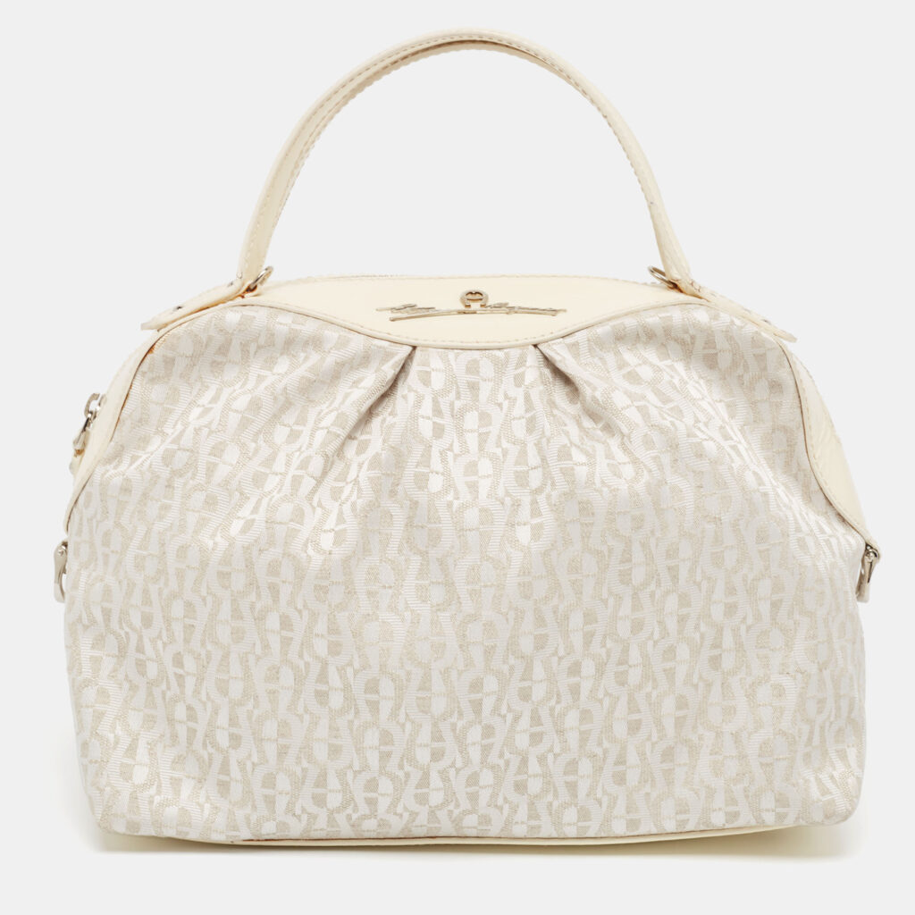 luxury-women-aigner-used-handbags-p982293-009 Aigner White/Cream Monogram Canvas and Patent Leather Logo Satchel