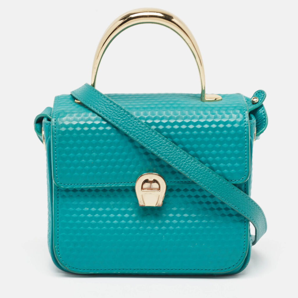 luxury-women-aigner-used-handbags-p983511-018 Aigner Green Textured Leather Genoveva Top Handle Bag