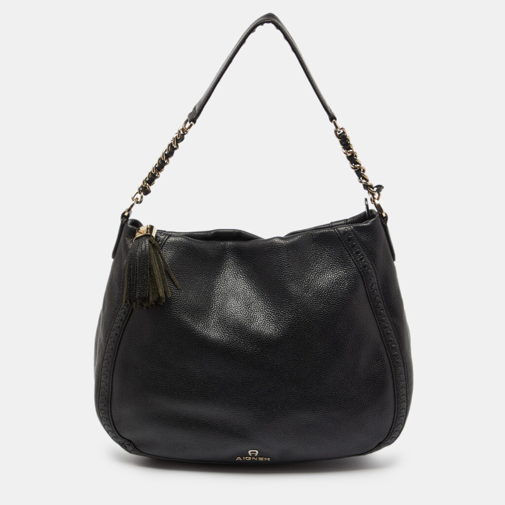 luxury-women-aigner-used-handbags-p995498-008 Aigner Black Leather Zip Hobo