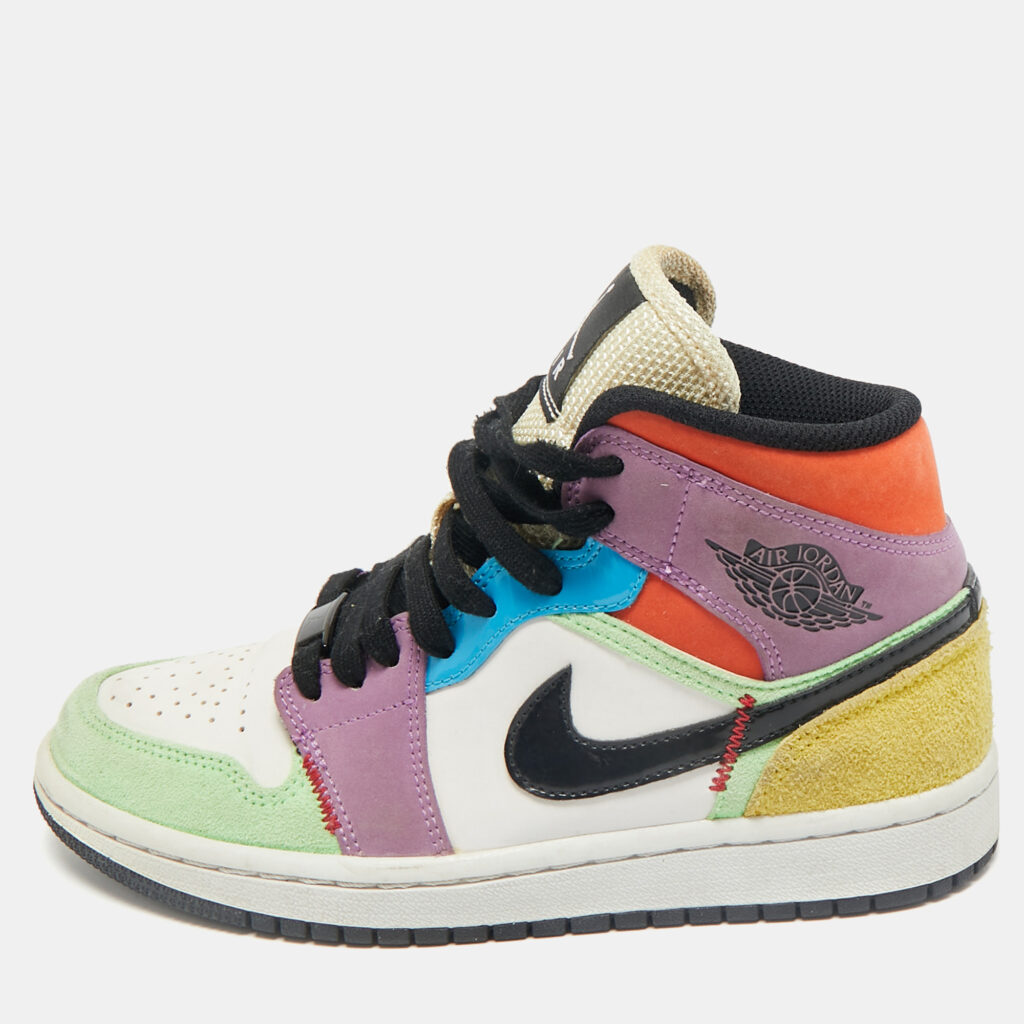 luxury-women-air-jordans-used-shoes-p1165102-010.jpg Air Jordan Multicolor Leather and Suede Jordan 1 Mid SE Lightblub Sneakers Size 36