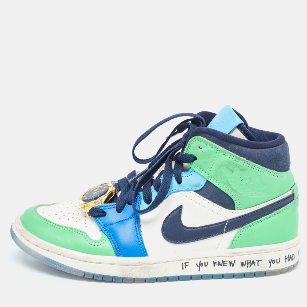 luxury-women-air-jordans-used-shoes-p921336-011 Air Jordan X Melody Ehsani Multicolor Leather Jordan 1 Mid SE Fearless Sneakers Size 38