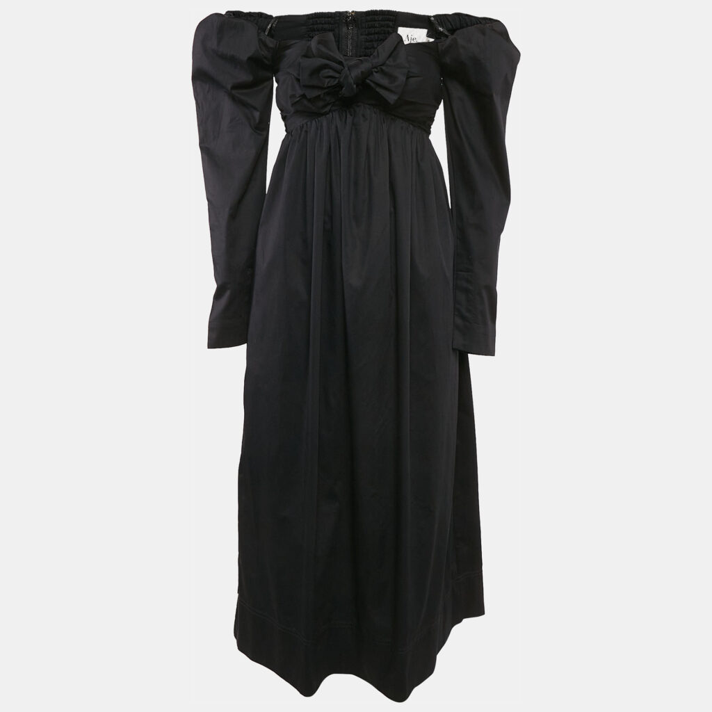 Aje Black Cotton Bow Detail Off-Shoulder Midi Dress XS