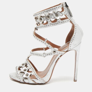 Alaia Silver Leather Cut Out Studded Ankle Strap Sandals Size 38.5