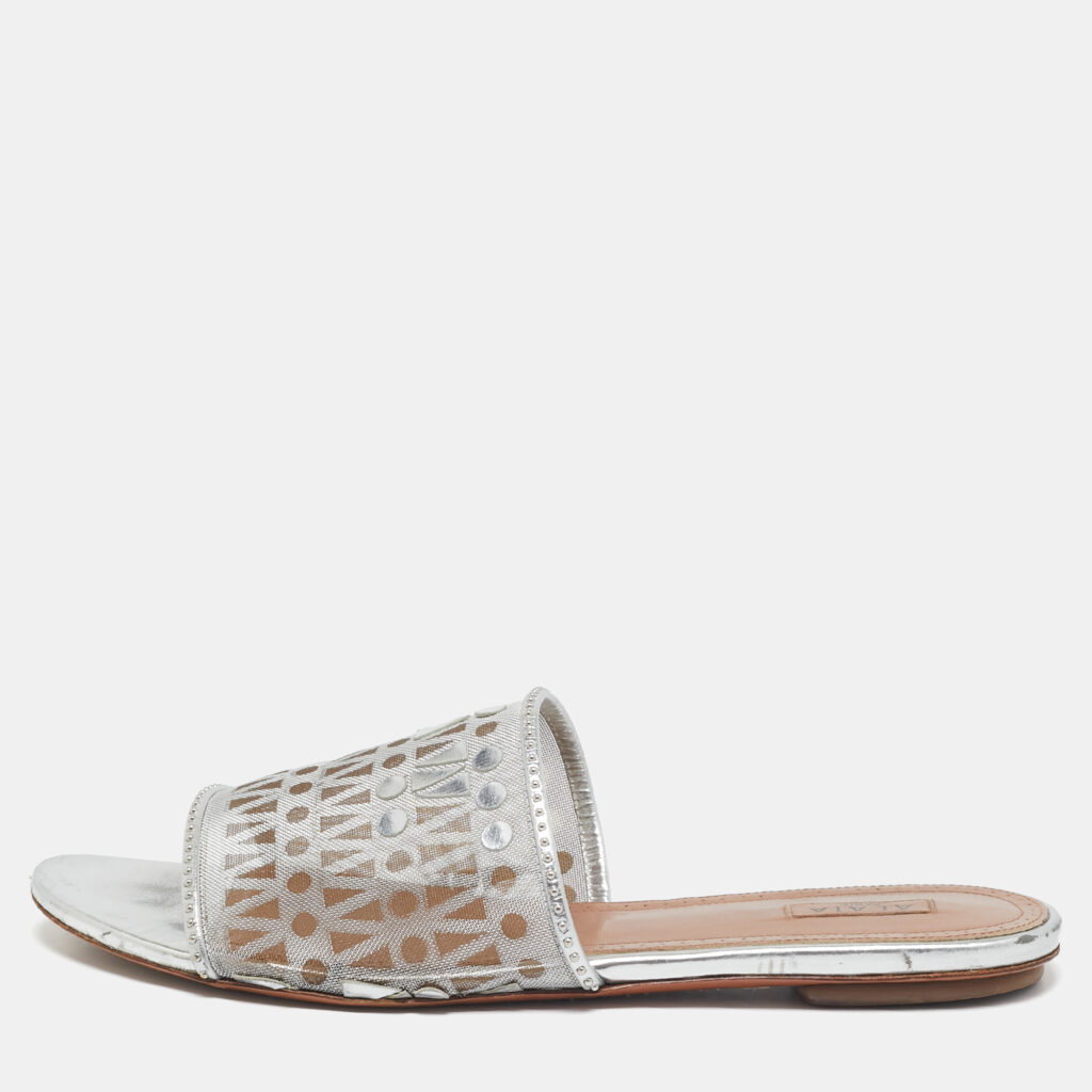 luxury-women-alaia-used-shoes-p1101733-001 Alaia Silver Leather and Net Flat Slides Size 40