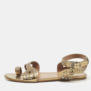 Alaia Gold Leather Embellished Ankle Strap Flat Sandals Size 37