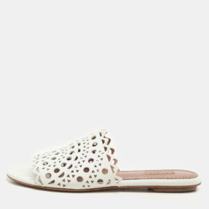 Alaia White Leather Vienne Flat Slide Size 38