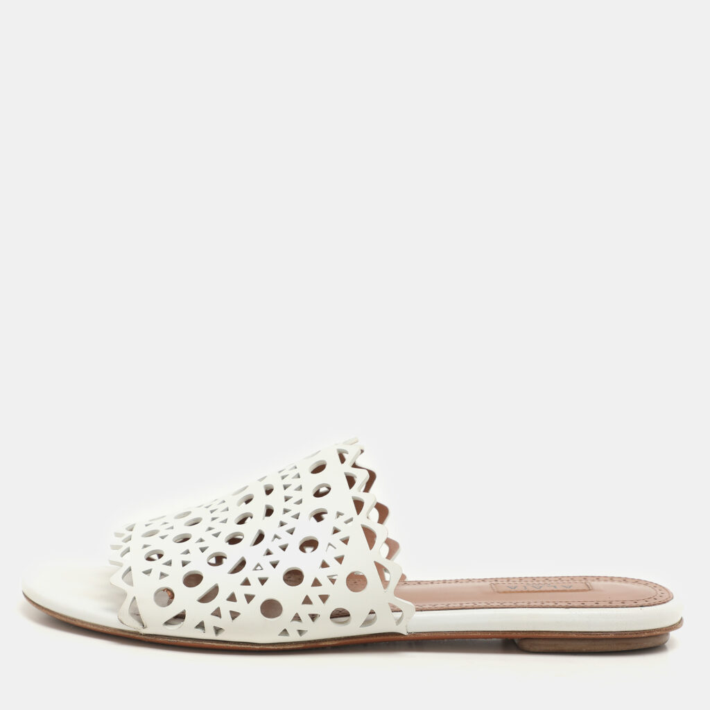 luxury-women-alaia-used-shoes-p1145893-008 Alaia White Leather Vienne Flat Slide Size 38