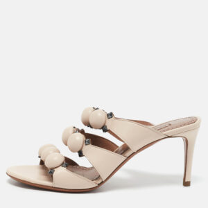 Alaia Light Beige Leather Studded Bombe Slide Sandals Size 37