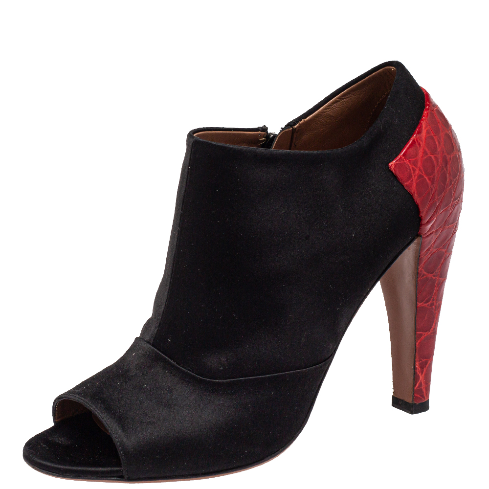 luxury-women-alaia-used-shoes-p416526-006 Alaia Black/Red Satin And Croc Embossed Leather Ankle Boots Size 39