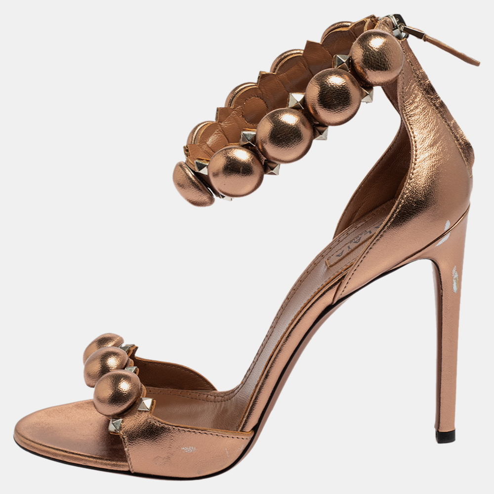 luxury-women-alaia-used-shoes-p431326-014 Alaia Metallic Bronze Leather Bombe Ankle Strap Sandals Size 39