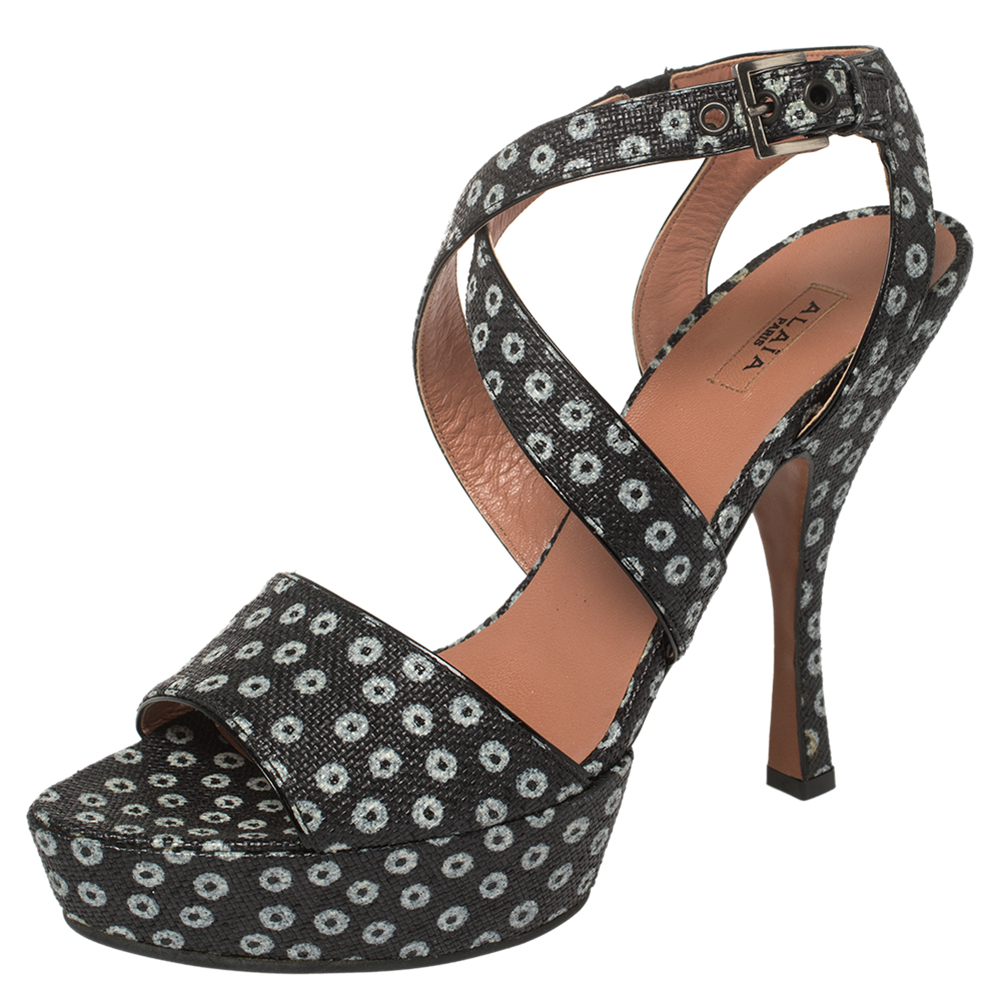 luxury-women-alaia-used-shoes-p455622-008 Alaia Blue/Black Canvas Floral Print Platform Sandals Size 39