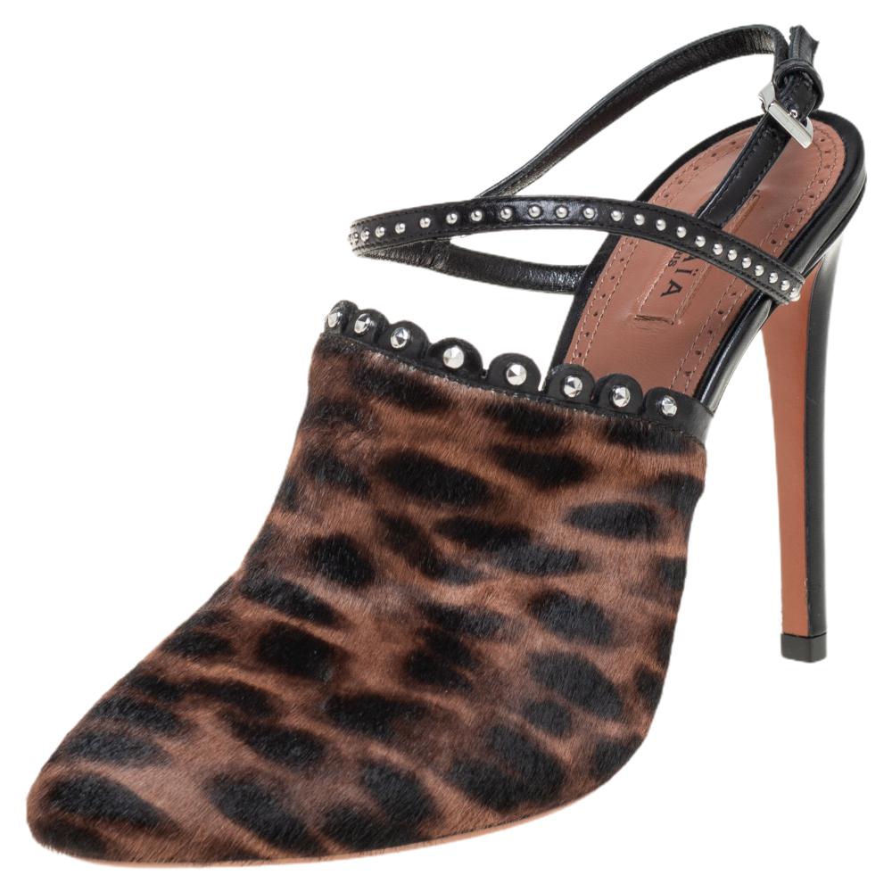 luxury-women-alaia-used-shoes-p460567-008 Alaia Brown Leopard Print Calf Hair And Black Studded Leather Slingback Sandals Size 37