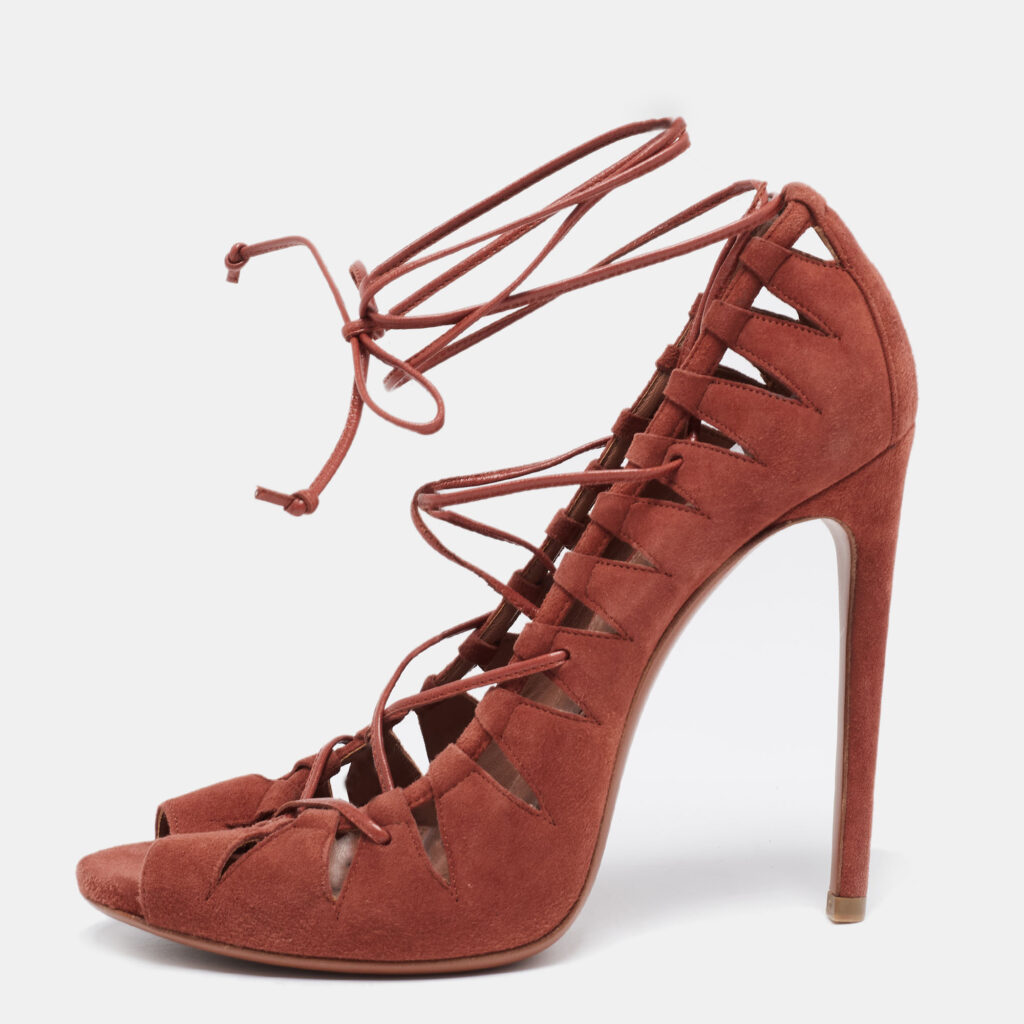 luxury-women-alaia-used-shoes-p649557-001-1 Alaia Brick Brown Suede Cut-Out Peep-Toe Ankle-Tie Sandals Size 39