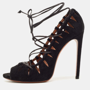 Alaia Black Suede Scallop Trim Open Toe Pumps Size 39.5