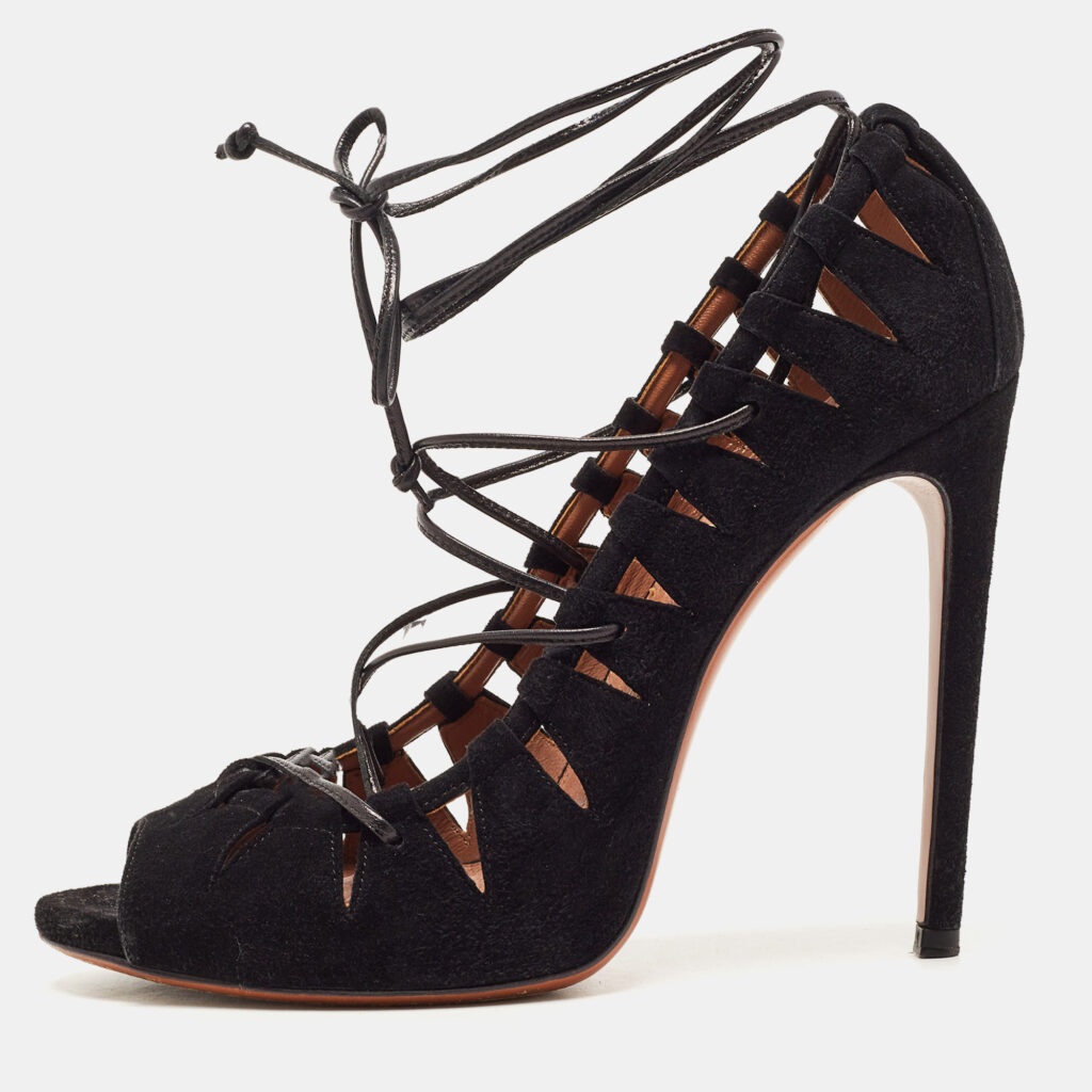 luxury-women-alaia-used-shoes-p807795-003 Alaia Black Suede Scallop Trim Open Toe Pumps Size 39.5