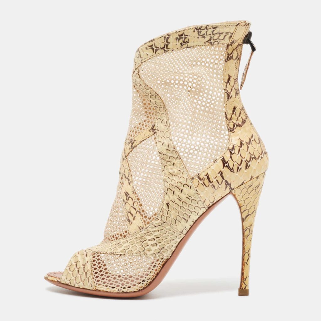 luxury-women-alaia-used-shoes-p902816-003 Alaia Cream Python and Mesh Zipper Booties Size 38