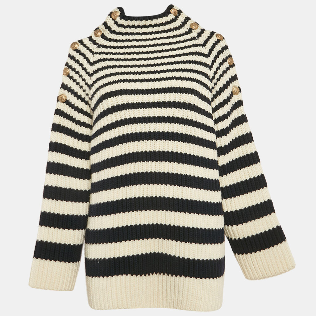 luxury-women-alberta-ferreti-used-clothes-p1109671-002 Alberta Ferretti Blue/White Rib Knit Buttoned Cold-Shoulder Sweater M
