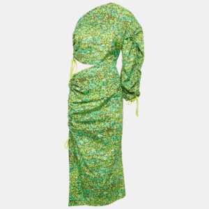 Alemais Green Abstract Print Cotton One-Shoulder Ruched Phyllis Dress M