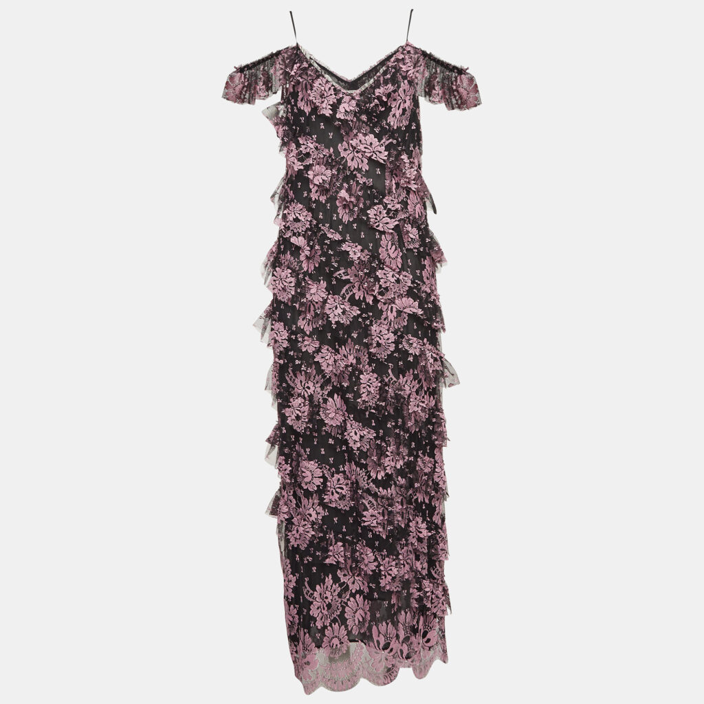 luxury-women-alessandra-rich-used-clothes-p1024907-007 Alessandra Rich Black Floral Lace Ruffled Mid Dress M