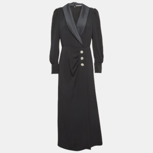 Alessandra Rich Black Satin Trim Crepe Hollywood Crystal Detail Maxi Dress M