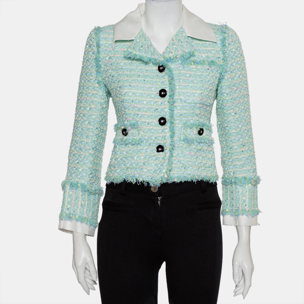 luxury-women-alessandra-rich-used-clothes-p426572-008 Alessandra Rich Aqua Green Tweed Button Front Cropped Jacket S