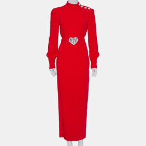 Alessandra Rich Red Crepe Embellished Button Belted Gown M