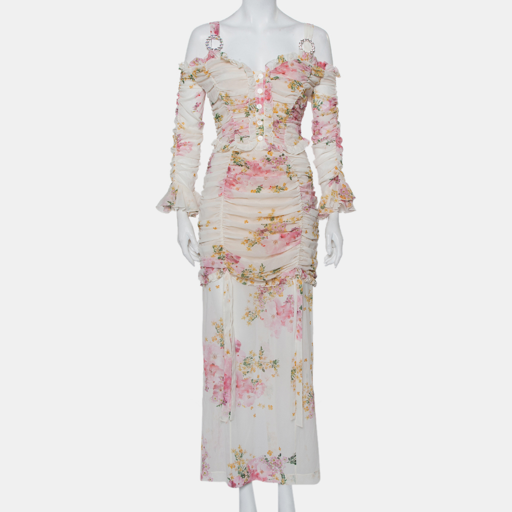 luxury-women-alessandra-rich-used-clothes-p434002-011 Alessandra Rich White Floral Printed Silk Ruched Cold Shoulder Maxi Dress M