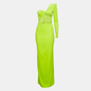 Alex Perry Lime Green Velvet Cut-Out Detail One Shoulder Maxi Dress M