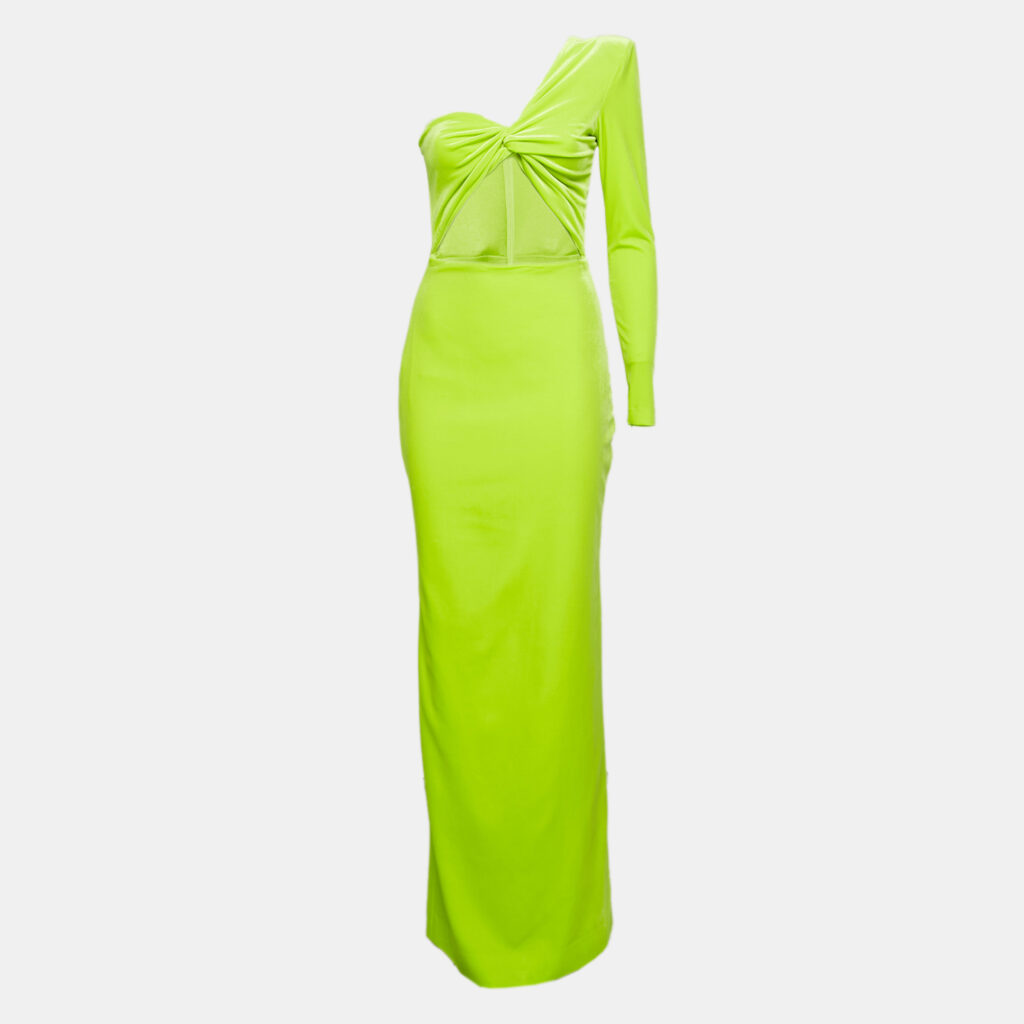 luxury-women-alex-perry-used-clothes-p1147225-001 Alex Perry Lime Green Velvet Cut-Out Detail One Shoulder Maxi Dress M