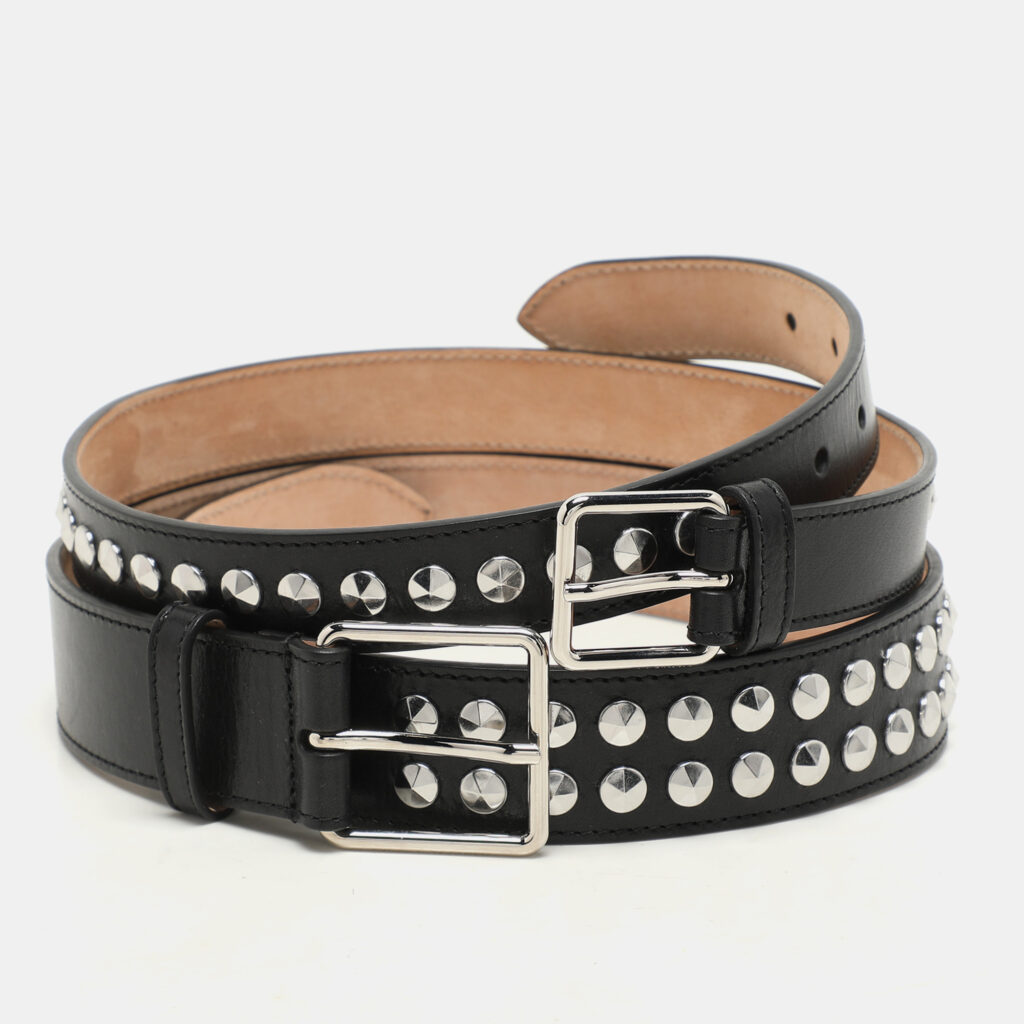 luxury-women-alexander-mcqueen-used-accessories-p1145700-004 Alexander McQueen Black Leather Studded Double Waist Belt 65CM