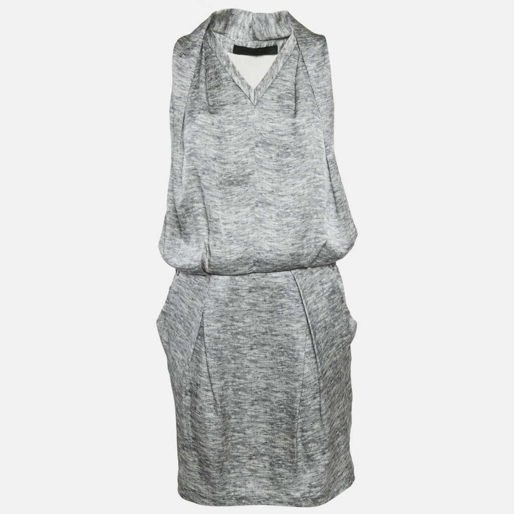 luxury-women-alexander-mcqueen-used-clothes-p1124178-001 Alexander McQueen Grey Silk V-Neck Sleeveless Short Dress M
