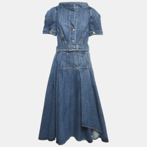 Alexander McQueen Blue Denim Puff Sleeve Flared Midi Dress M