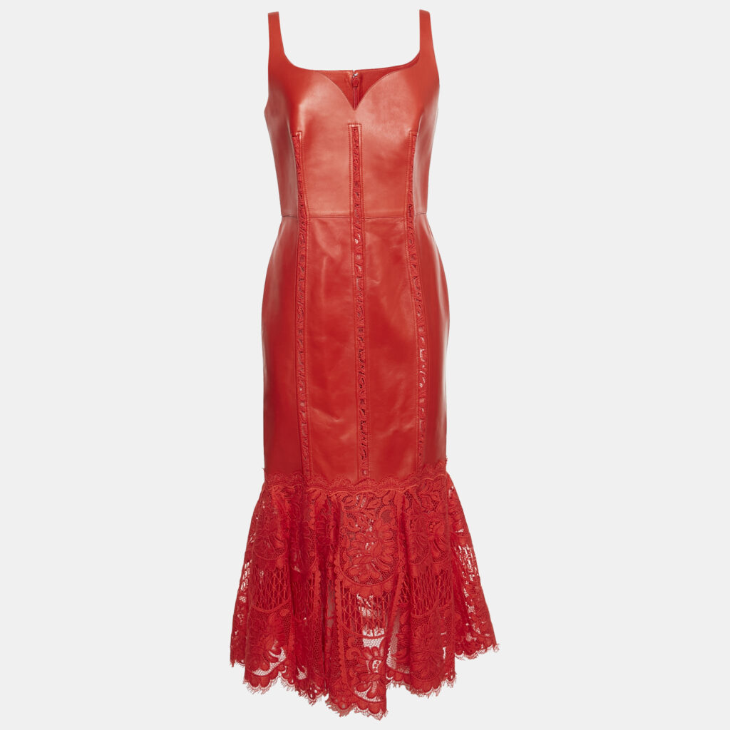 luxury-women-alexander-mcqueen-used-clothes-p1145029-007 Alexander McQueen Red Leather and Lace Peplum Midi Dress M