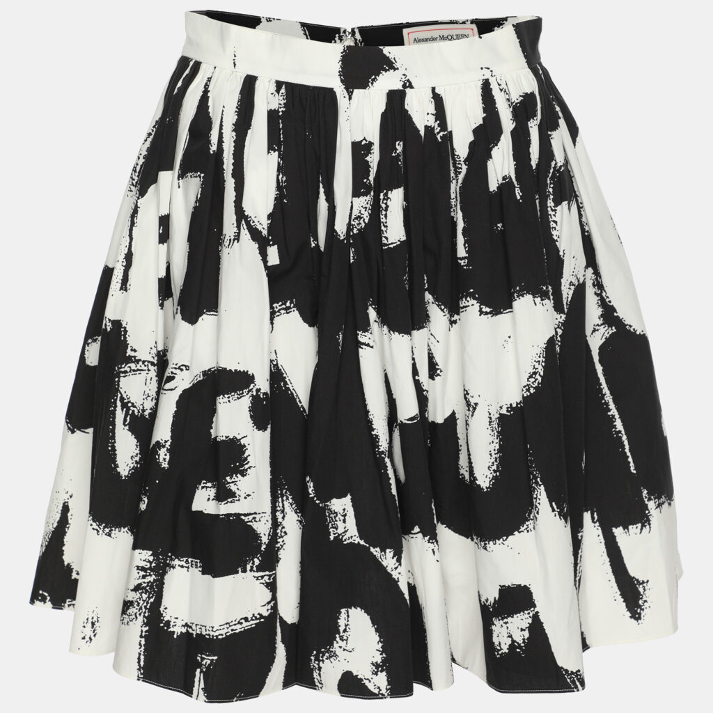 luxury-women-alexander-mcqueen-used-clothes-p1146358-001 Alexander McQueen Black/White Abstract Print Cotton Pleated Skirt S