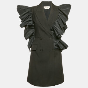 Alexander McQueen Black Wool and Ruffled Double Breasted Mini Dress S