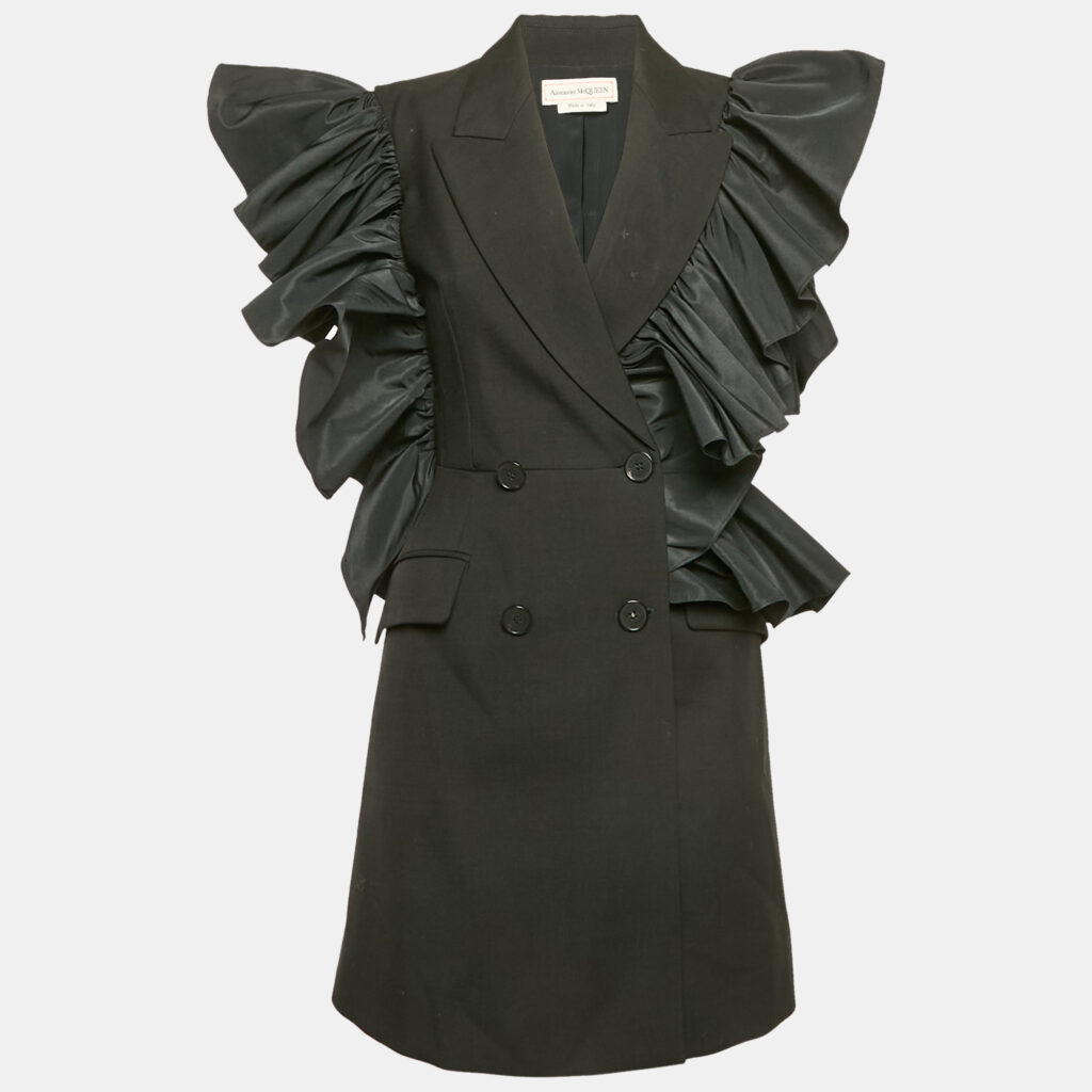 luxury-women-alexander-mcqueen-used-clothes-p1154492-005 Alexander McQueen Black Wool and Ruffled Double Breasted Mini Dress S